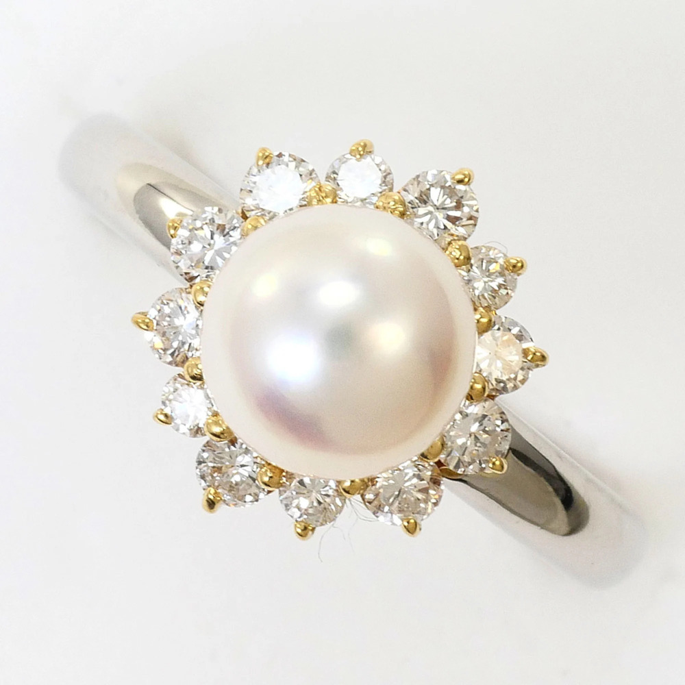 Seiko Nina Ricci PT900 Platinum 18K Yellow Gold Ring, Size 8, Pearl and Diamo...